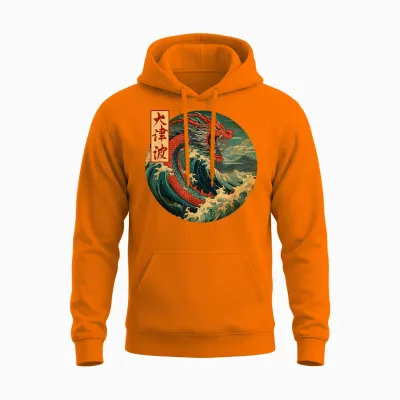 Japanischer Drache Die Große Welle Vor Kanagawa Kanji Japan Kunst Unisex Hoodie - Safety Orange