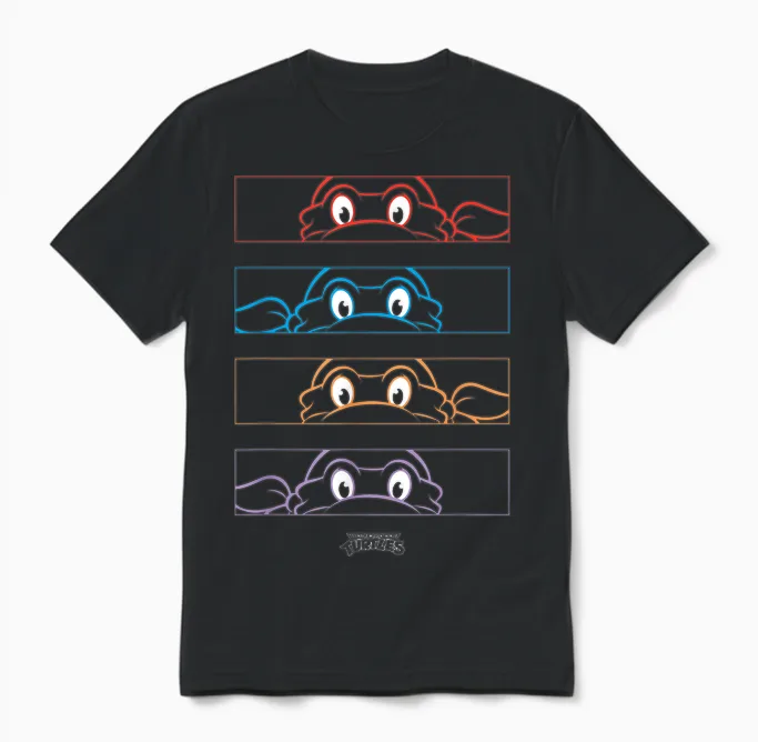 Teenage Mutant Ninja Turtles Group Line Art Face Mask Panels T-Shirt, Black Unisex T-Shirt in Black