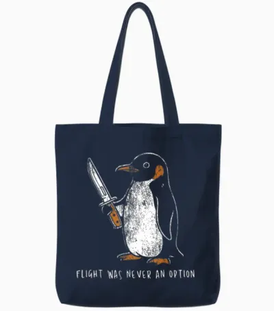 Flight Was Never an Option Funny Penguin with Knife Tote Bags - Navy