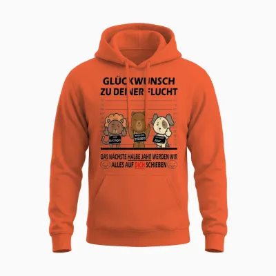 T-Shirt with German Text "glückwunsch Zu Deiner Flucht Neuen Job | Colleagues Farewell, White Unisex Hoodie - Orange
