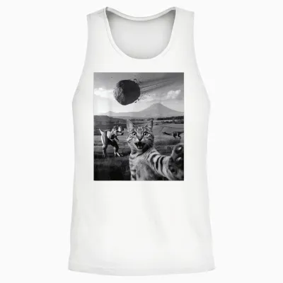 Drôle Chat Selfie Dinosaure Météore Astéroïde Curieux T-Rex Unisex Tank Top - White