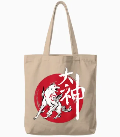 Okami Amaterasu Sun God Wolf the Great Wave Videogame T-Shirt, Black, S Tote Bags - Natural