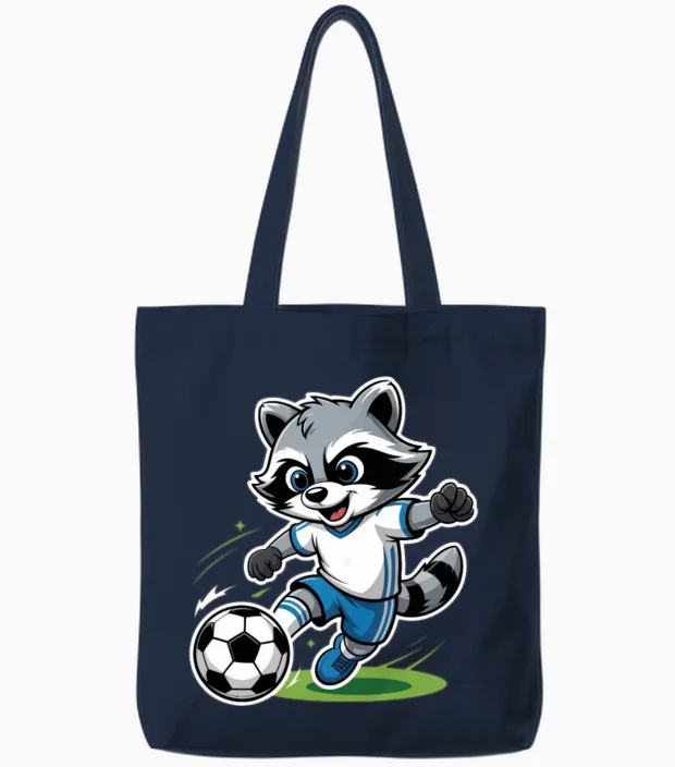 Raccoon Soccer Player Illustration Tote Bags in Navy