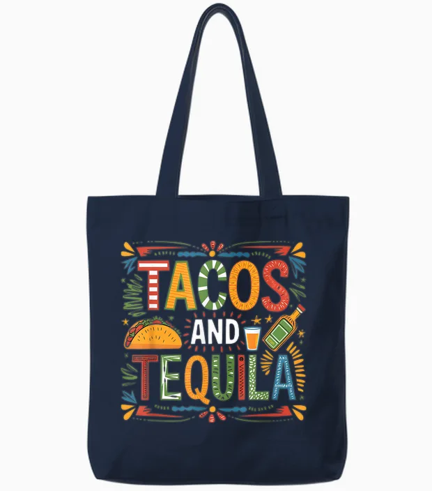 Tacos and Tequila Funny Drinking Taco Mexican Food Lover Tote Bags in Navy