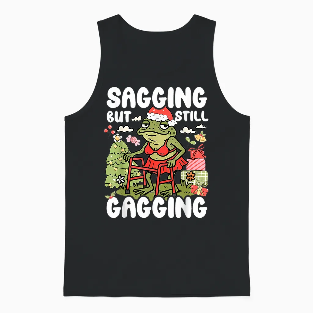 Sagging but Still Gagging Frog Funny Cringe Meme Christmas Unisex Tank Top in Black