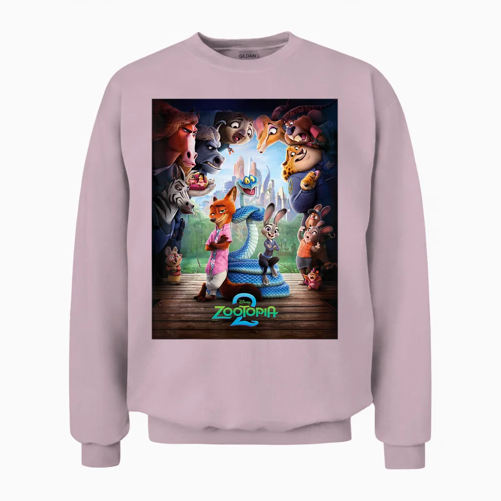 Disney Zootopia 2 Nick Judy & Gary Surrounded Poster Art Unisex Sweatshirt in Light Pink