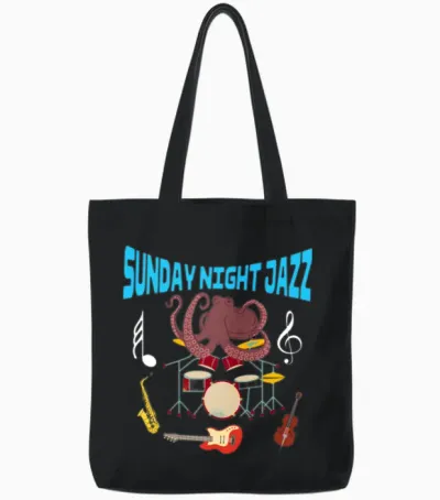 Funny Octopus Sunday Night Jazz Tote Bags - Black