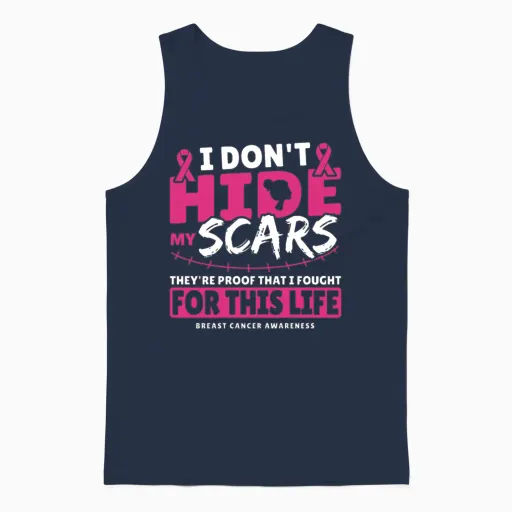 I Don't Hide My Scars Breast Cancer Awareness Unisex Tank Top in Navy