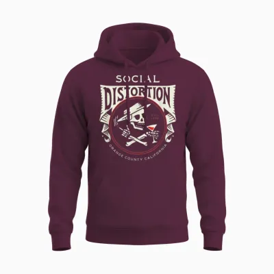 Official Social Distortion Skelly Circle T-Shirt, Black Unisex Hoodie - Maroon