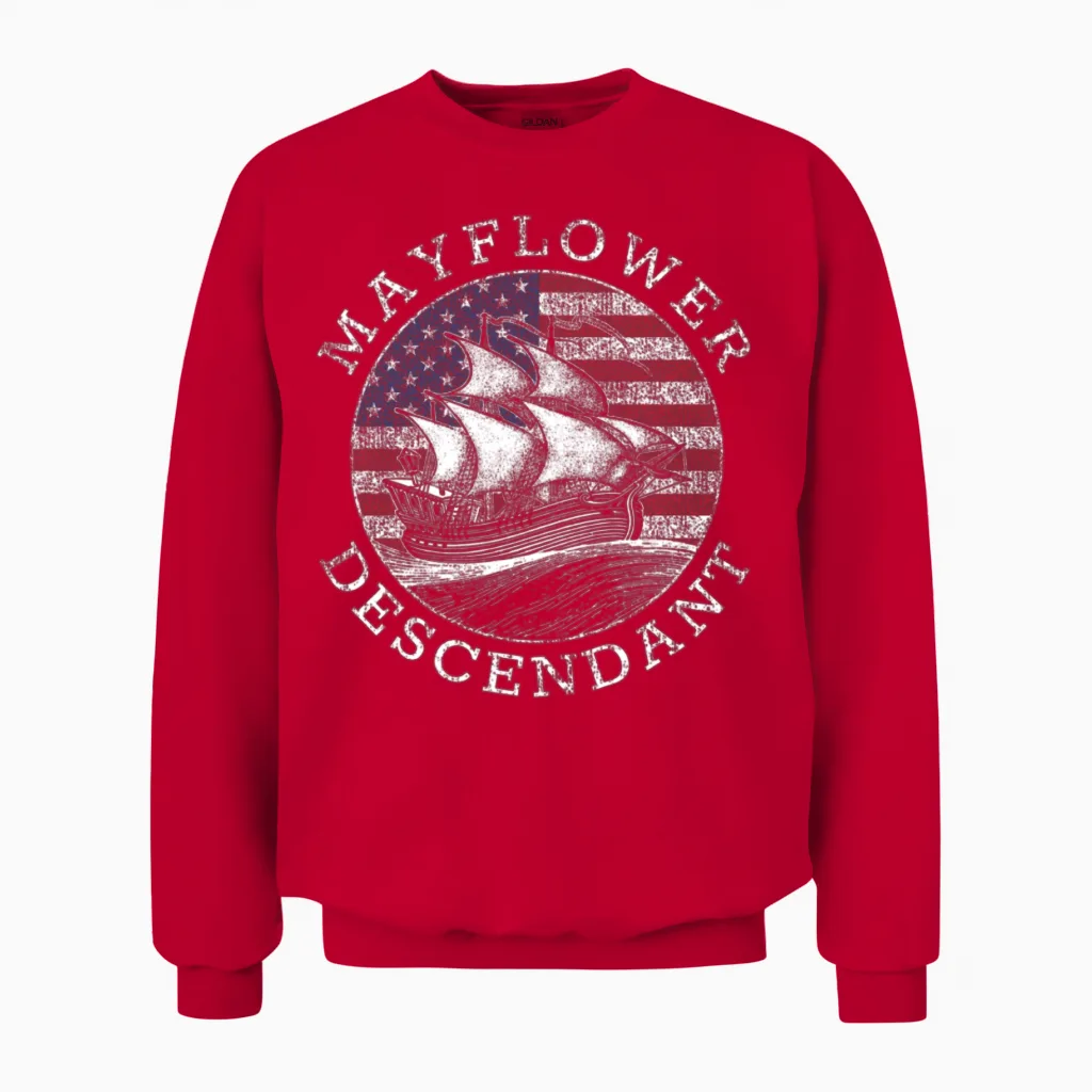 Mayflower Descendant Usa Flag Distressed Unisex Sweatshirt in Red