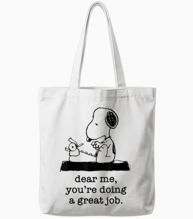 Peanuts - Snoopy Typewriter Dear Me You're Doing a Great Job T-Shirt, White Tote Bags in White