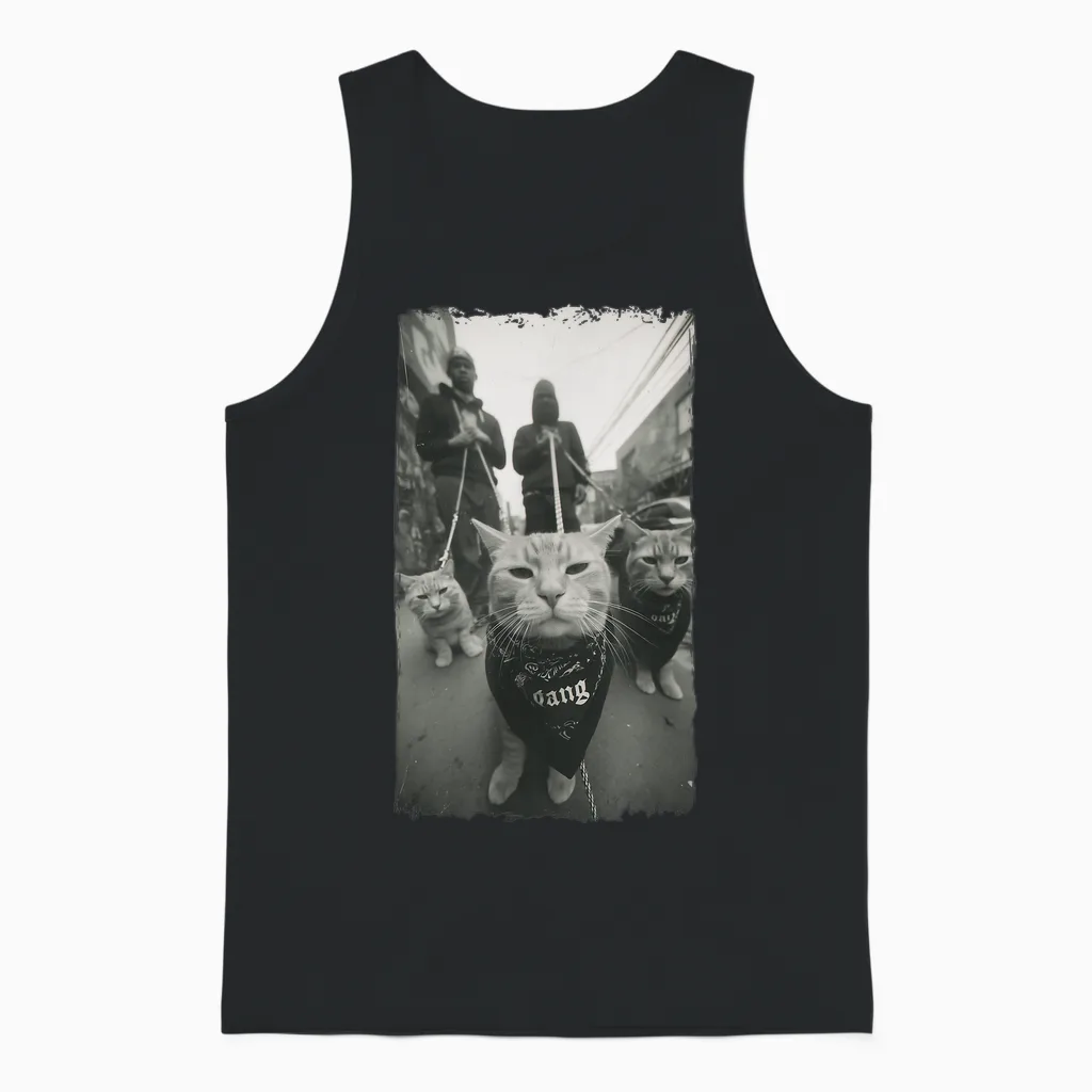 Gangster Cats Streetwear Cool Funny Cat Pattern Unisex Tank Top in Black