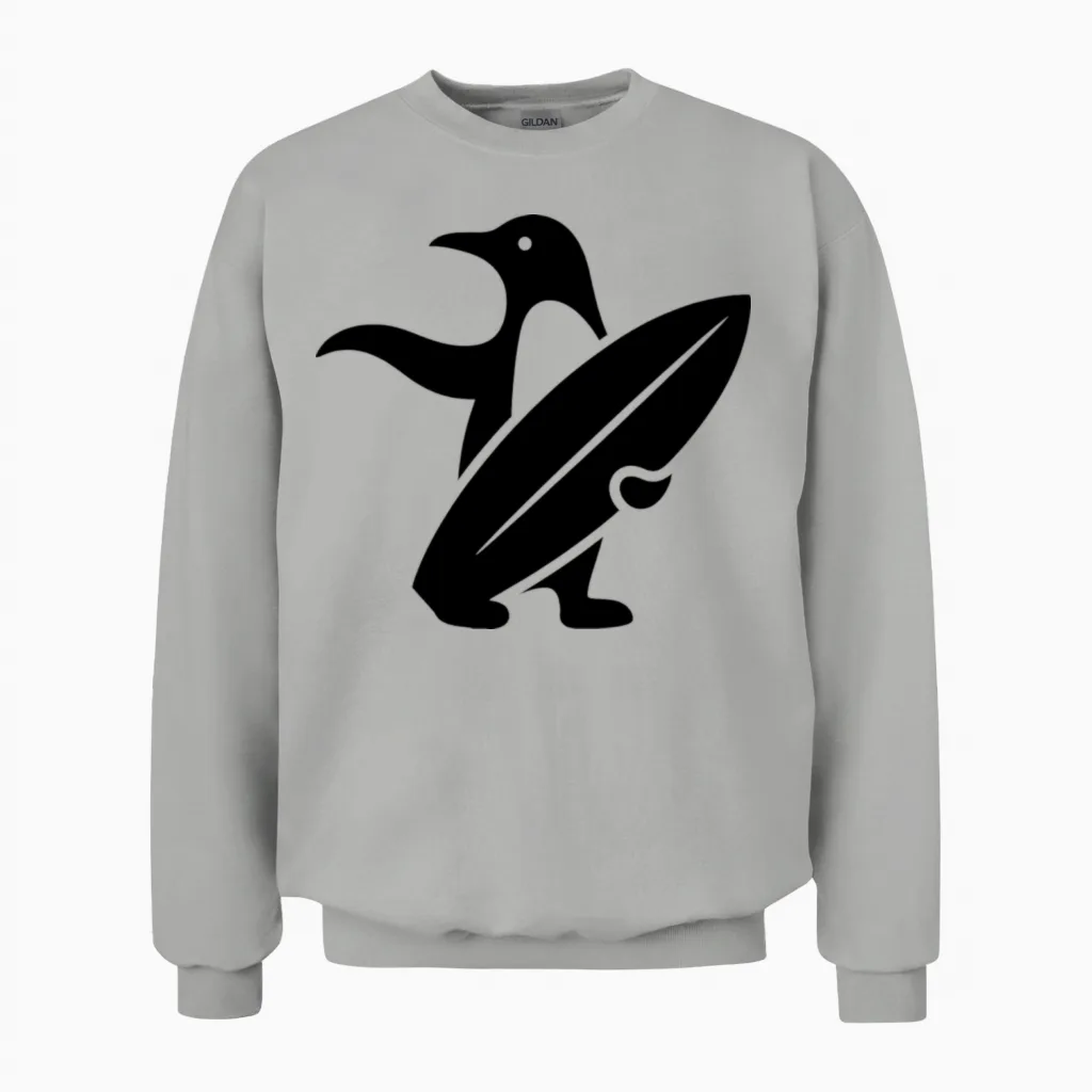 Penguin Surfer Silhouette Surfing Minimalist Unisex Sweatshirt in Ash
