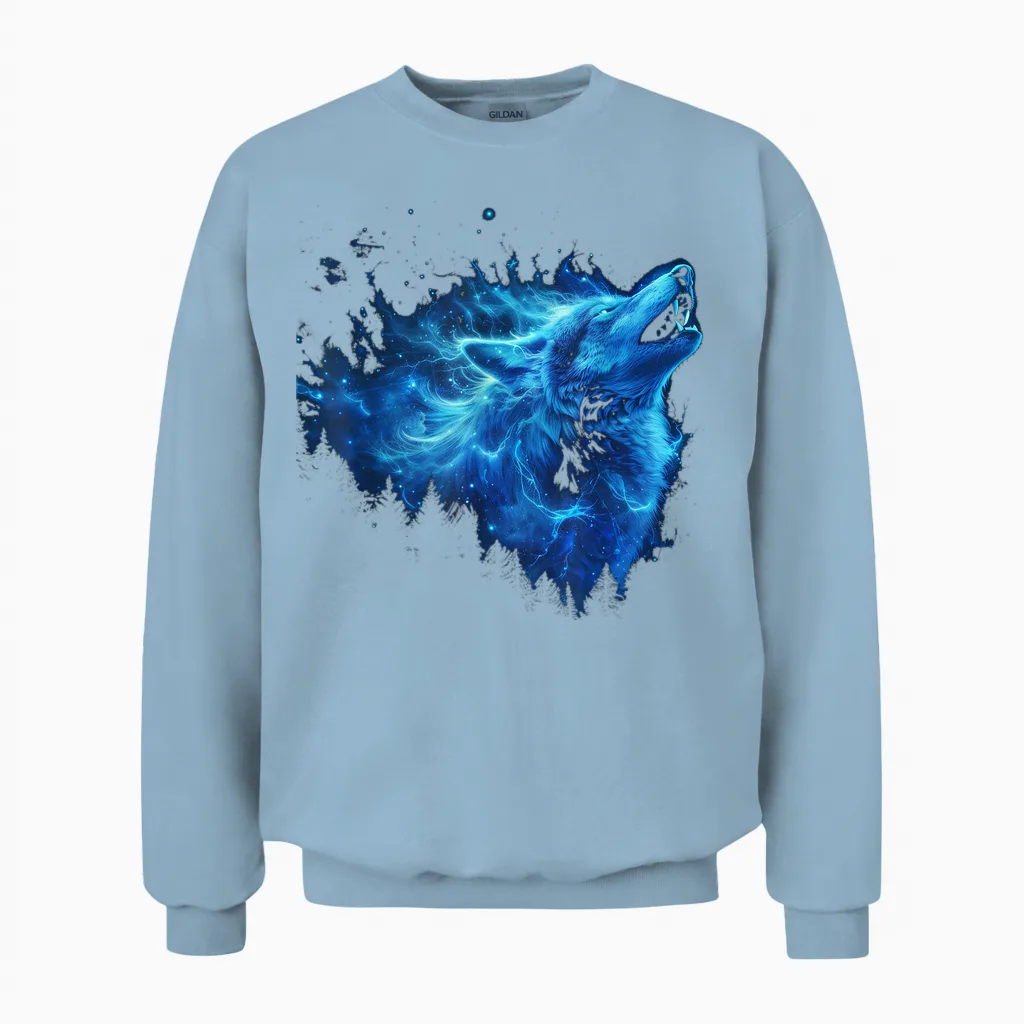 Galaxy Wolf Howling Graphic Electrical Blue Wolf Lovers Unisex Sweatshirt in Light Blue