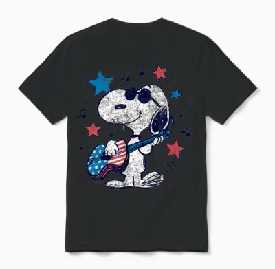 Snoopy Guitar Americana Stars and Stripes Unisex T-Shirt - Black