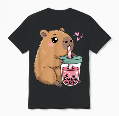 Cute Capybara Kawaii Anime Capybara Drinking Bubble Tea Love Unisex T-Shirt - Black