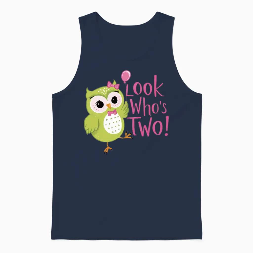Cute Owl Look Who Is Turning 2 | 2nd Birthday Unisex Tank Top in Navy
