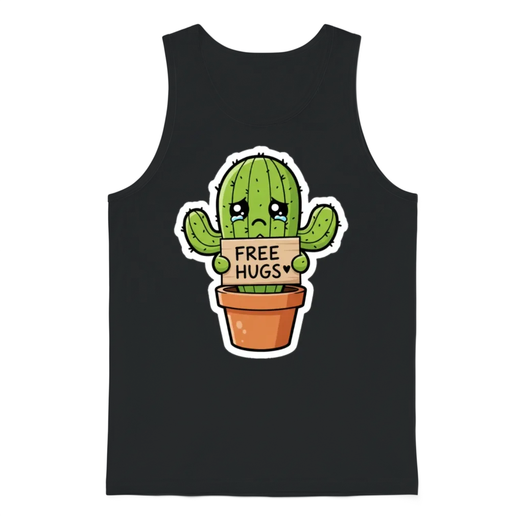 Free Hugs Cactus Sad Cute Plant Pun Unisex Tank Top - Black