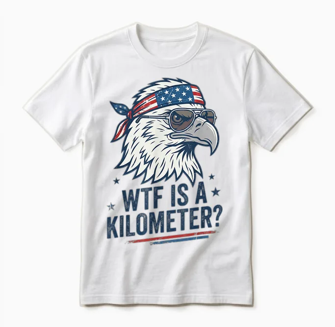Wtf Is a Kilometer Patriotic Eagle Humor Funny Unisex T-Shirt in White