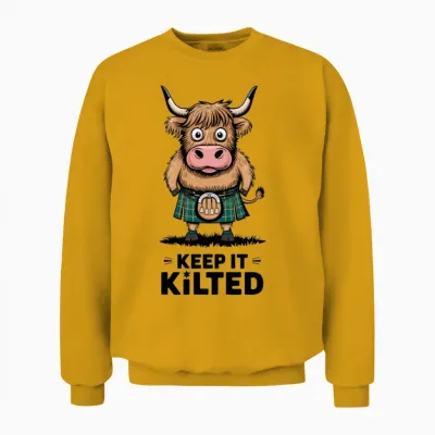 Highland Cattle Bull Wearing Kilt Keep It Kilted Unisex Sweatshirt - Gold