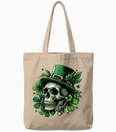 Saint Patrick's Day Shamrock Skull T-Shirt Skeleton, Black Tote Bags - Natural