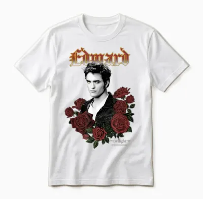 Twilight Edward Goth Print with Roses Vintage Movie Unisex T-Shirt - White