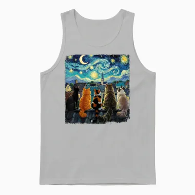Funny Cat Starry Night Van Gogh Cats Rooftop Scene Feline Unisex Tank Top - Ash
