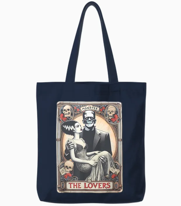 Retro Halloween Frankenstein Tarot Card T-Shirt - Unisex Adults - Black - Small - Short Sleeve - Regular Fit - Cotton 100%, Polyester Blend - Halloween, Retro, Couples, Tarot Card Fans, Unisex Tote Bags in Navy