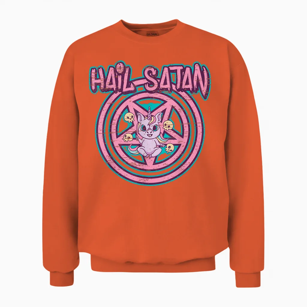 Hail Satan Death Metal Unicorn Black Dark Rock Death Metal T-Shirt, Black Unisex Sweatshirt in Orange