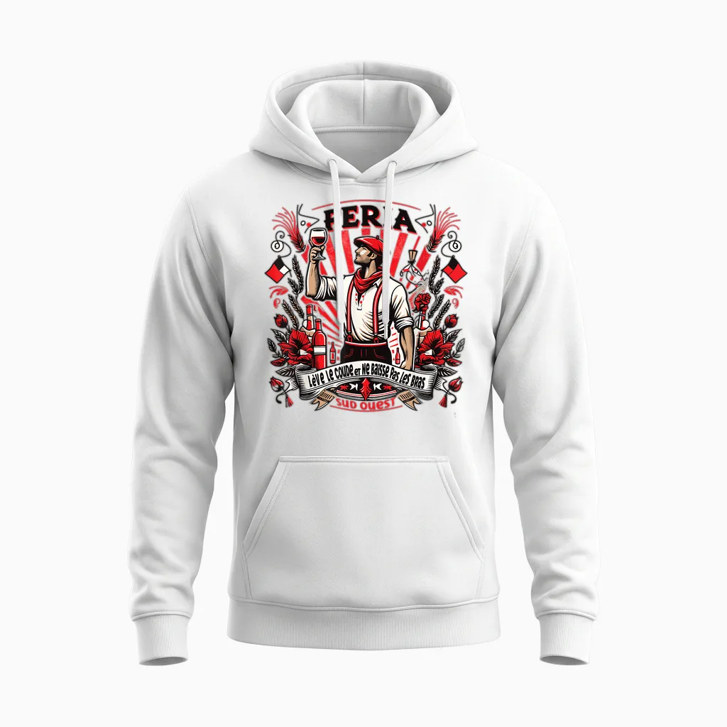 Feria Sud Ouest Elbow Raise Aperitif Red White Bayonne Dax T-Shirt, White, S Unisex Hoodie in White