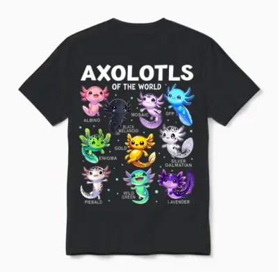 Kawaii Axolotls of the World Graphic Tees Axolotl Animals Unisex T-Shirt - Black