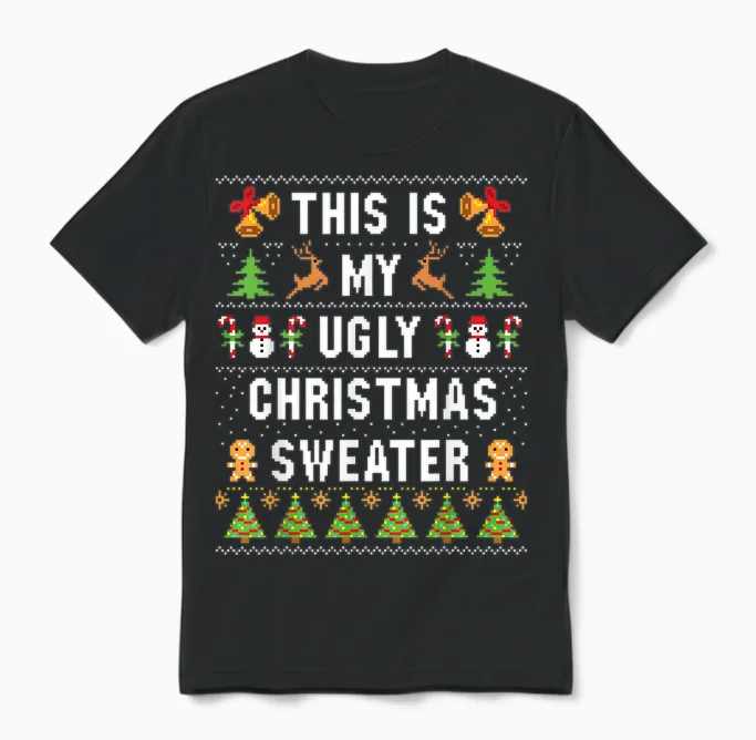 This Is My Ugly Sweater Funny Christmas Short Sleeve Unisex T-Shirt in Black