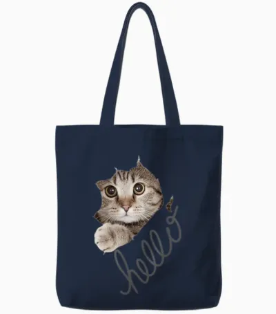 Cute Cat Motif with Beautiful Print T-Shirt, Black Tote Bags - Navy