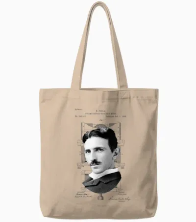 Miss Whimsy Nikola Tesla Photo Patent T-Shirt T-Shirt, Unisex-Erwachsene, Grey, S Tote Bags - Natural