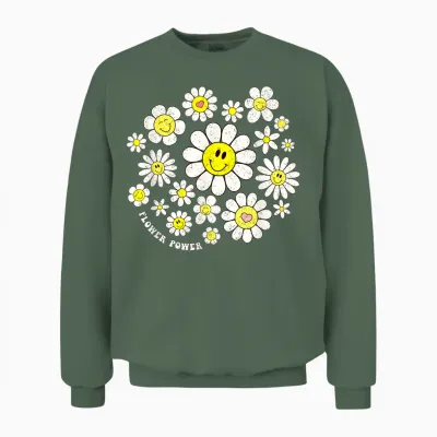 Flower Power Süßes Lächeln, Gesichtsblume, Happy Face, Blumen, Mädchen Unisex Sweatshirt - Military Green