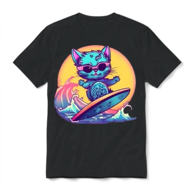 Retro Surfing Cat Unisex T-Shirt - Black