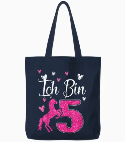 Kids 5th Birthday Horse Gift Horse Girl Cute 5 Years Old T-Shirt, Black Tote Bags - Navy