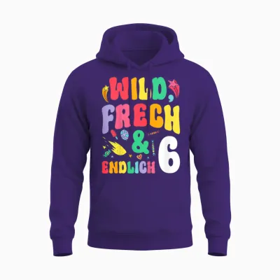 Children's Wild Frech & Endlich 6 Years Old Birthday T-Shirt, Black Unisex Hoodie - Purple