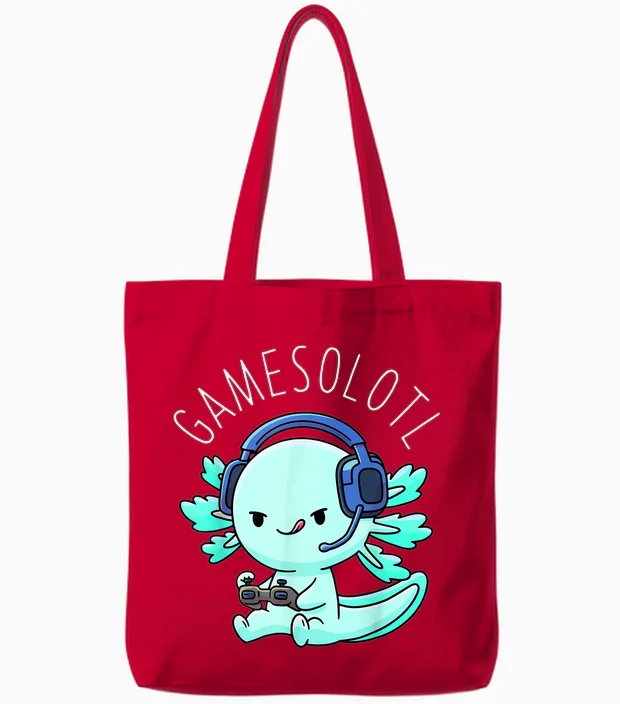 Otaku Lifestyle Threads Shirt Co. Gamesolotl Axolotl Gamer Anime Gifts Kawaii Boys Girls T-Shirt, Black Tote Bags in Red