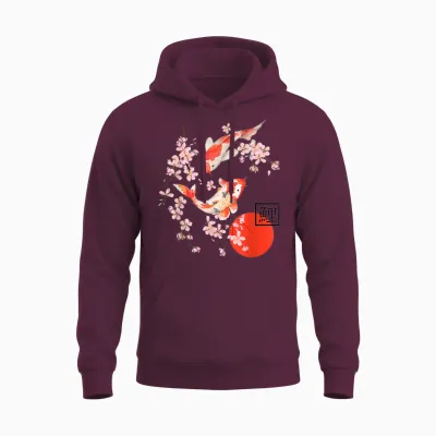 Cherry Blossom Koi Carp Fish Japanese Sakura Art Graphic Unisex Hoodie - Maroon