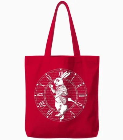 White Rabbit Vintage Clock Steampunk Tote Bags - Red