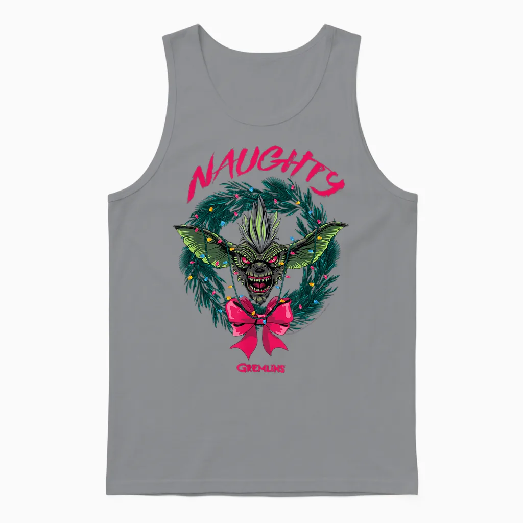 Gremlins Naughty Gremlin Wreath Retro Holiday Movie Unisex Tank Top in Sport Grey