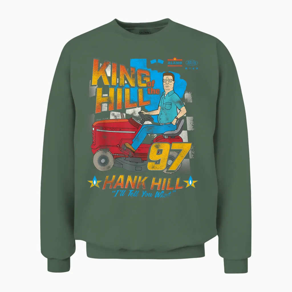 King of the Hill Hank Hill Mower Racing '97 Cartoon Unisex Sweatshirt in Military Green