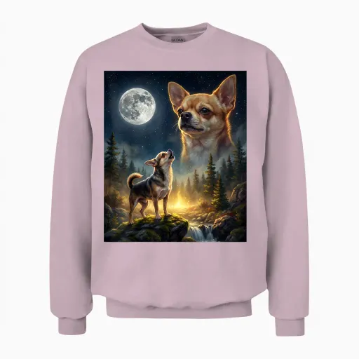 Chihuahua Howling to the Moon Funny Dog Meme Unisex Sweatshirt in Light Pink