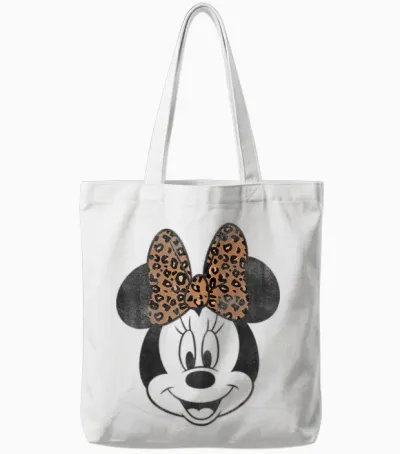 Disney Minnie Mouse Vintage Leopard Print Bow Portrait Short Sleeve Tote Bags - White