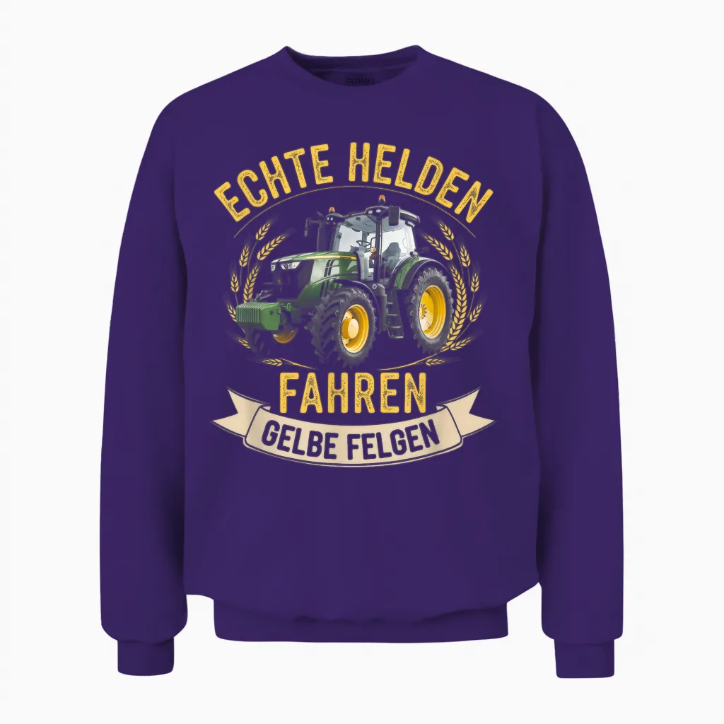 T-Shirt with German Text "echte Helden Fahren", Yellow Rim, Black, S Unisex Sweatshirt in Purple