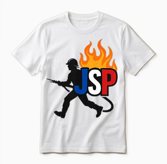 Jsp Silhouette Flame - Young Firefighter in Action T-Shirt, Black, S Unisex T-Shirt in White
