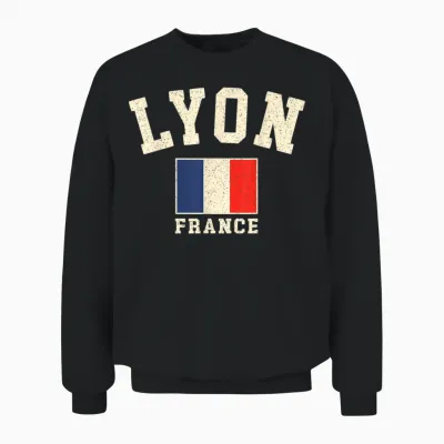 Vintage Lyon France French Flag Souvenir Graphic Retro Unisex Sweatshirt - Black