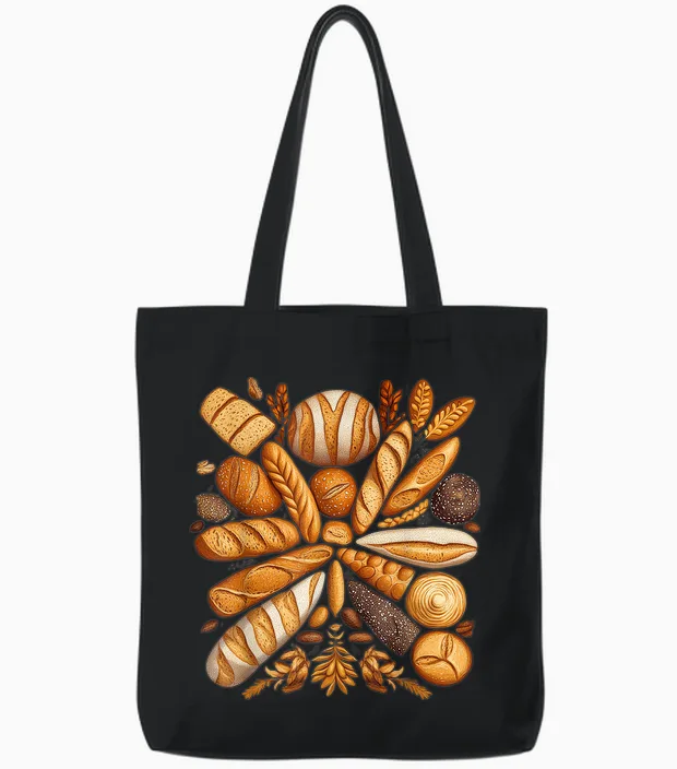 Artistic Arrangement of Bread Design Bakery Tote Bags in Black