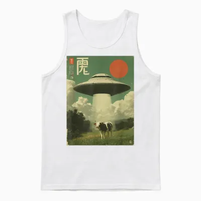 Lustiges Retro Vintage Japanische Kuh Entführung Alien Raumschiff Unisex Tank Top - White